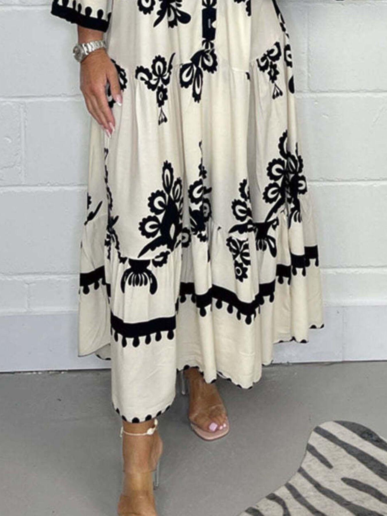Full Size Printed Notched 3/4 Sleeve Midi Dress Plus Size