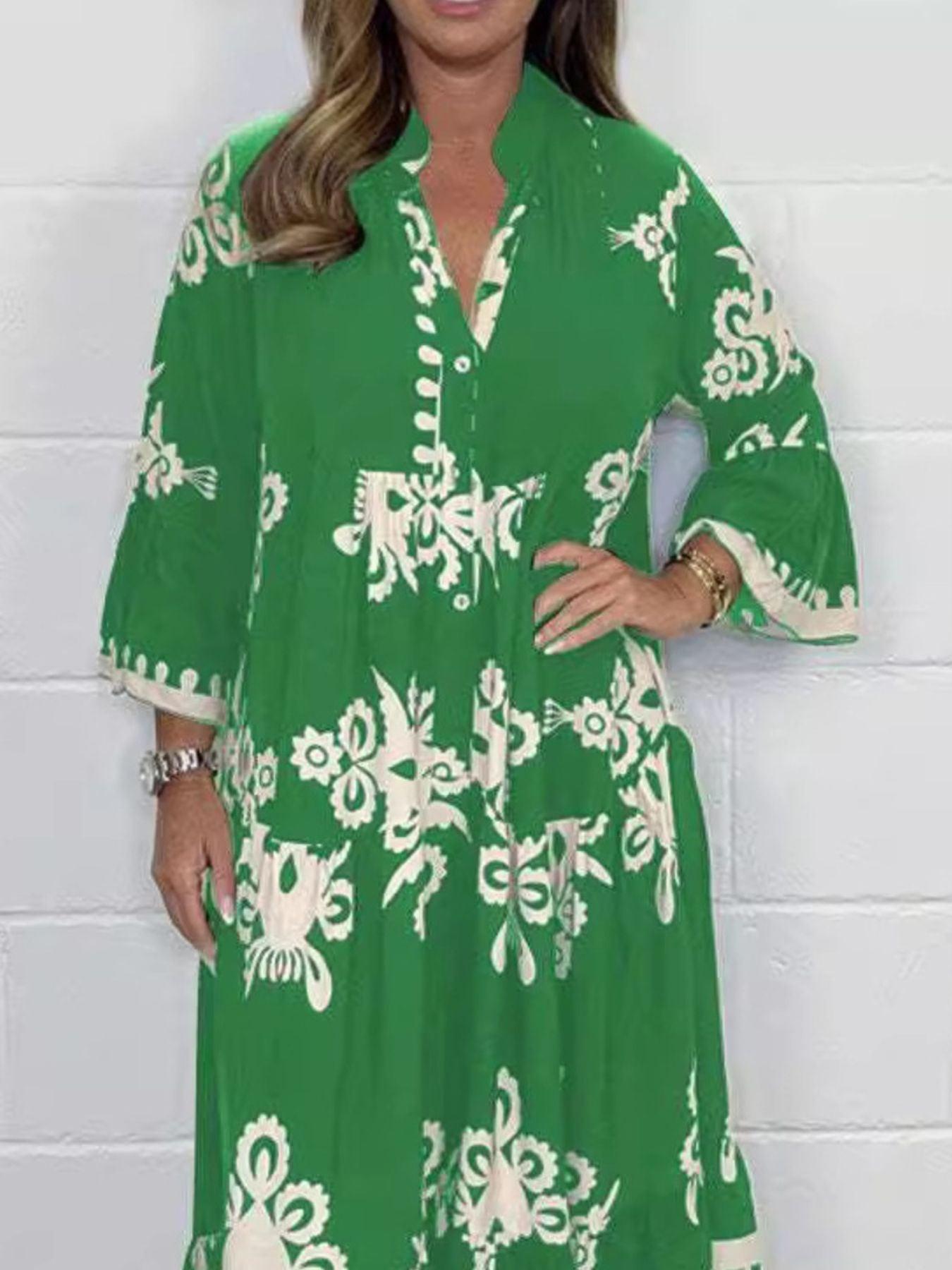 Full Size Printed Notched 3/4 Sleeve Midi Dress Plus Size