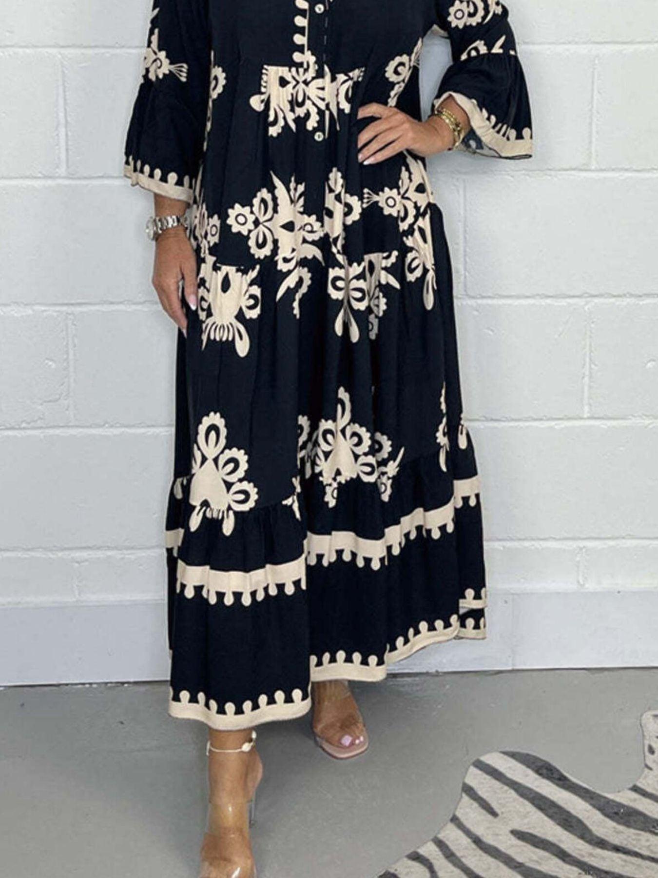 Full Size Printed Notched 3/4 Sleeve Midi Dress Plus Size