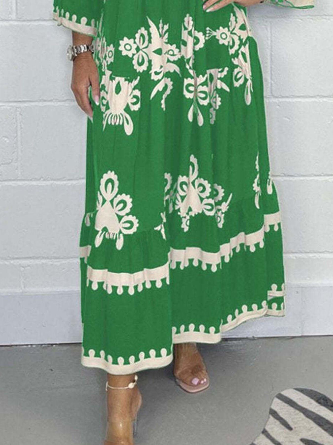 Full Size Printed Notched 3/4 Sleeve Midi Dress Plus Size