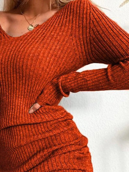 Full Size Ribbed Knit Drawstring Bodycon Sweater Dress Plus Size