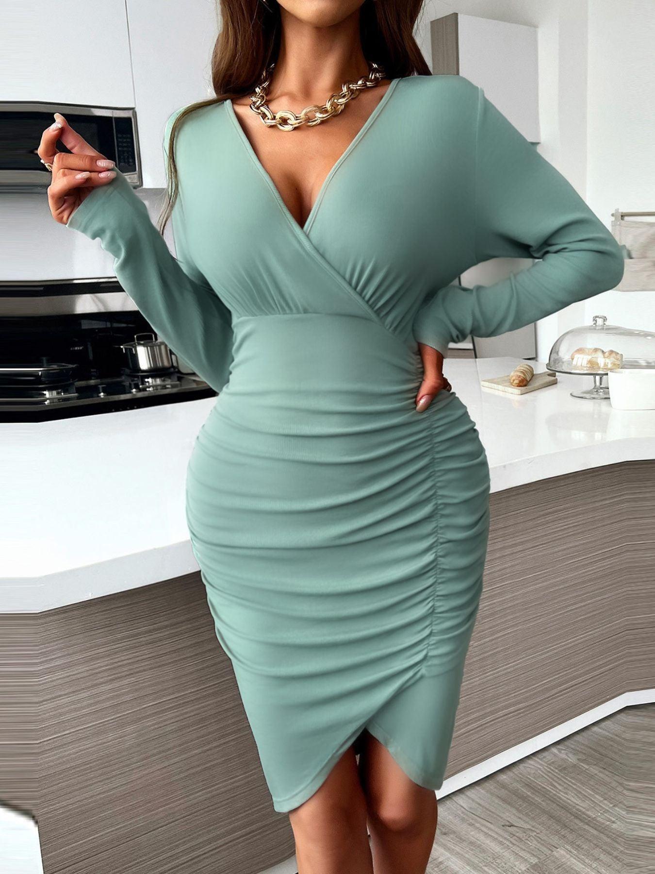 Full Size Ruched Surplice Bodycon Dress Plus Size