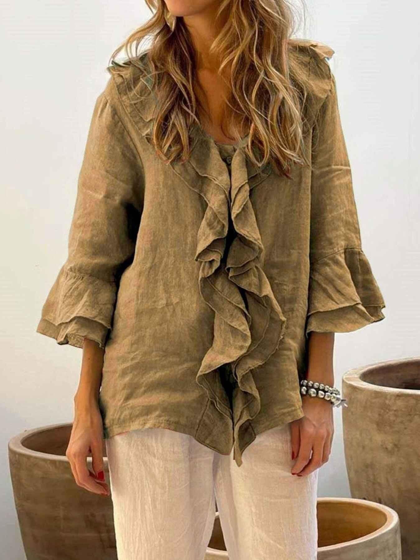 Full Size Ruffle Trim 3/4 Sleeve Blouse Plus Size