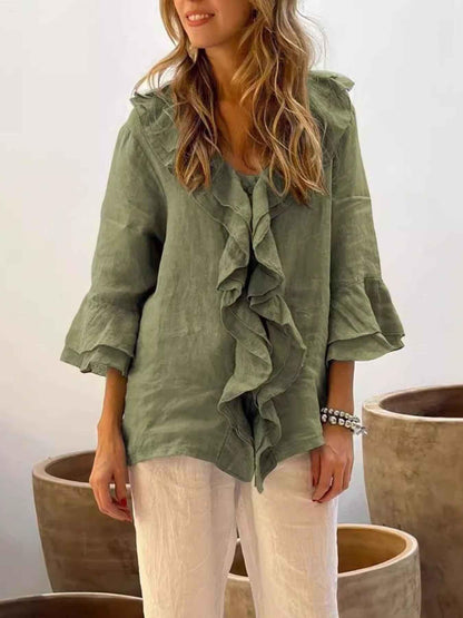 Full Size Ruffle Trim 3/4 Sleeve Blouse Plus Size