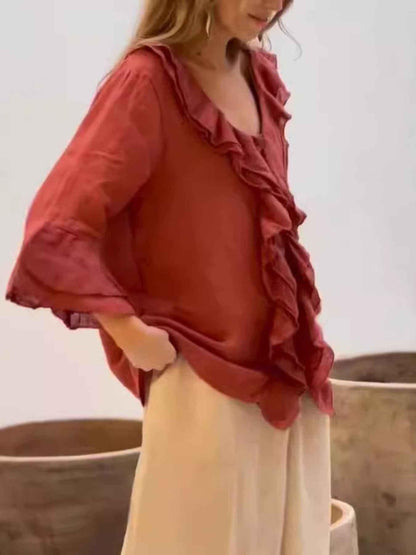 Full Size Ruffle Trim 3/4 Sleeve Blouse Plus Size