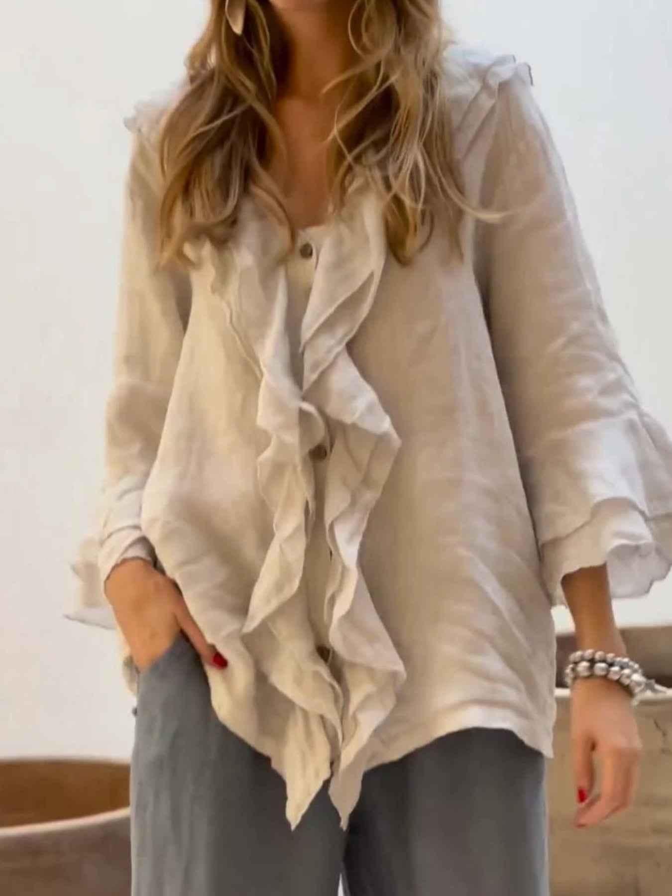 Full Size Ruffle Trim 3/4 Sleeve Blouse Plus Size
