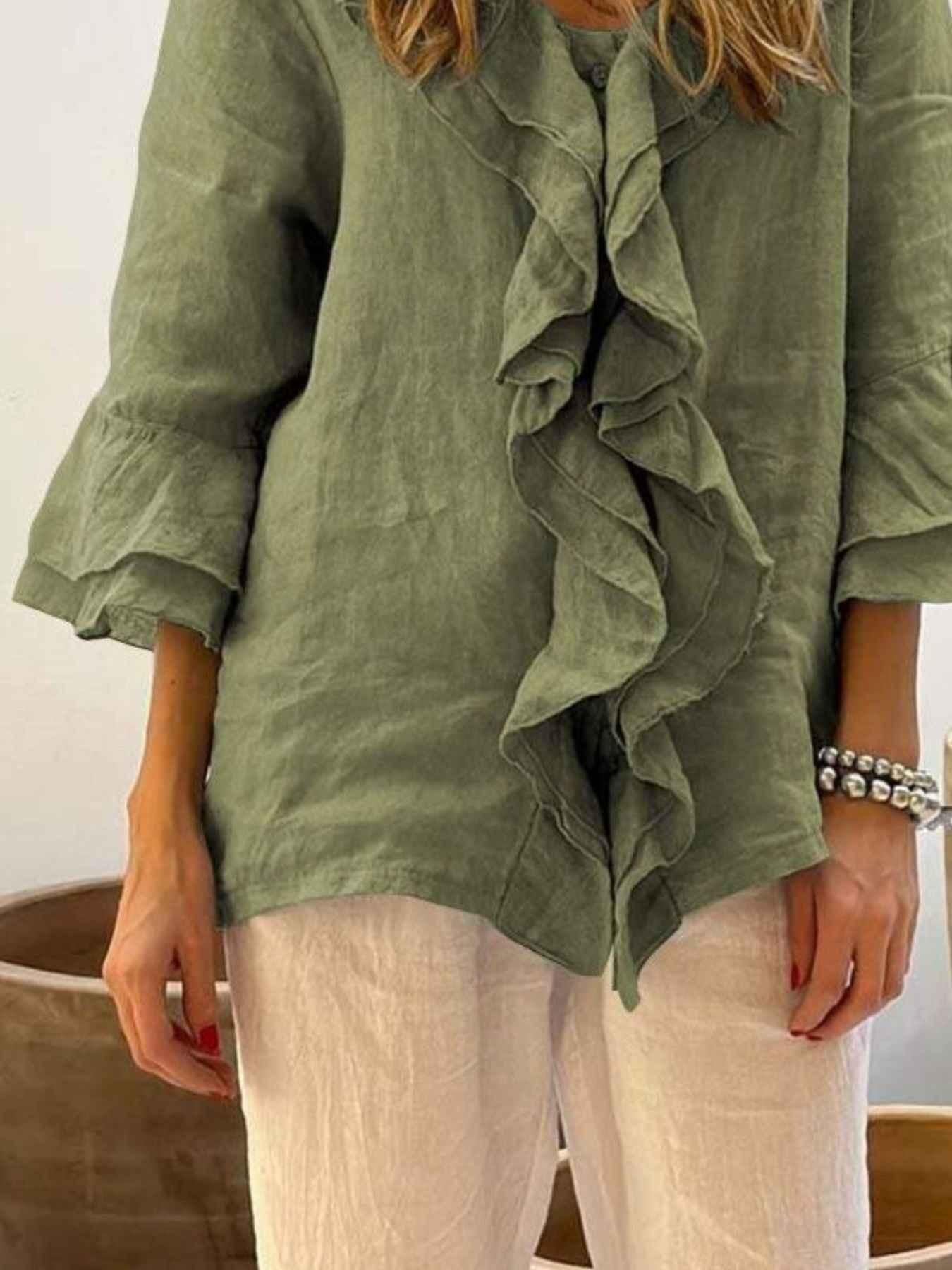 Full Size Ruffle Trim 3/4 Sleeve Blouse Plus Size