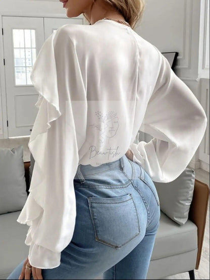 Full Size Ruffle Trim V-Neck Shirt Plus Size
