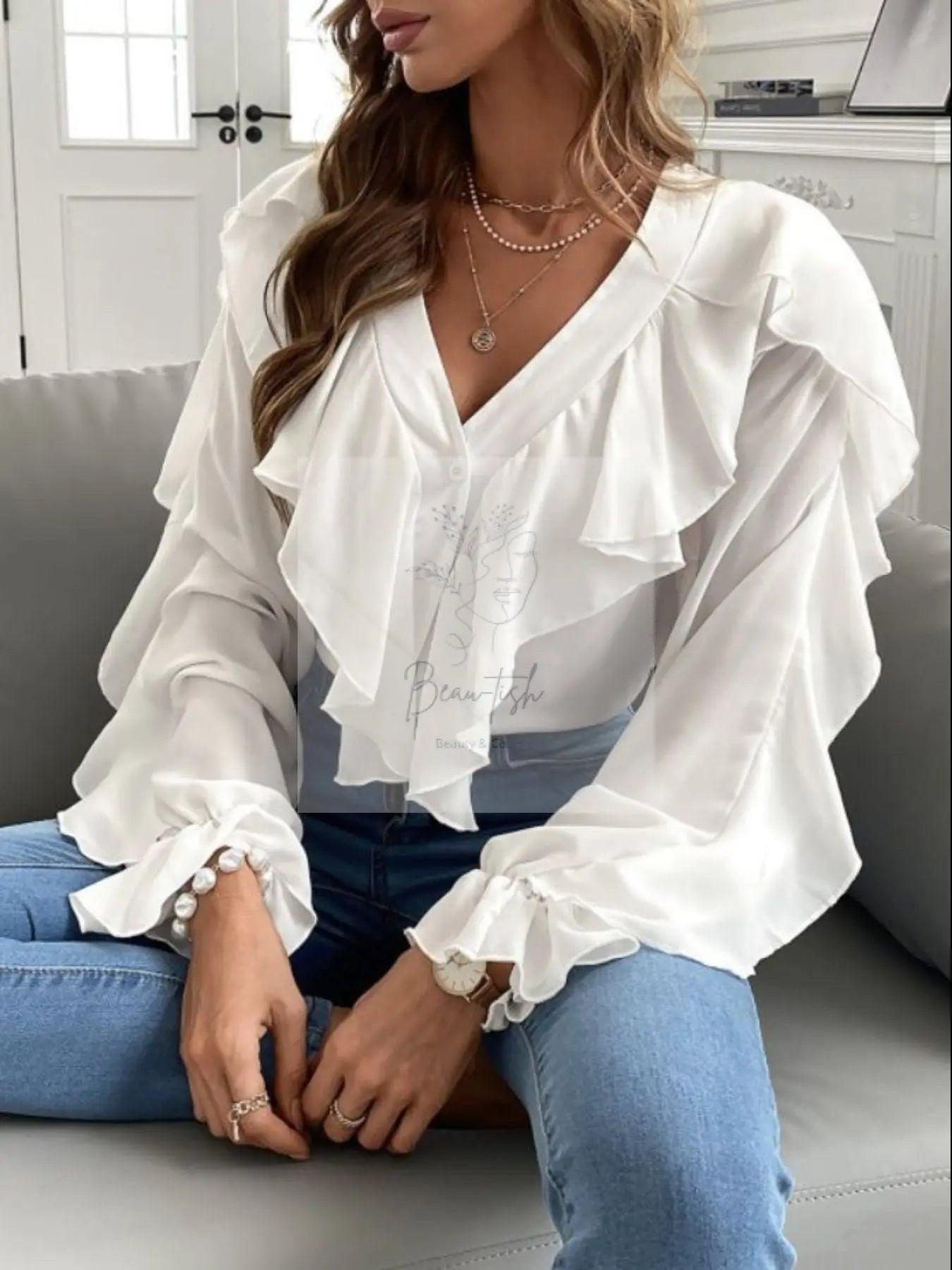 Full Size Ruffle Trim V-Neck Shirt Plus Size