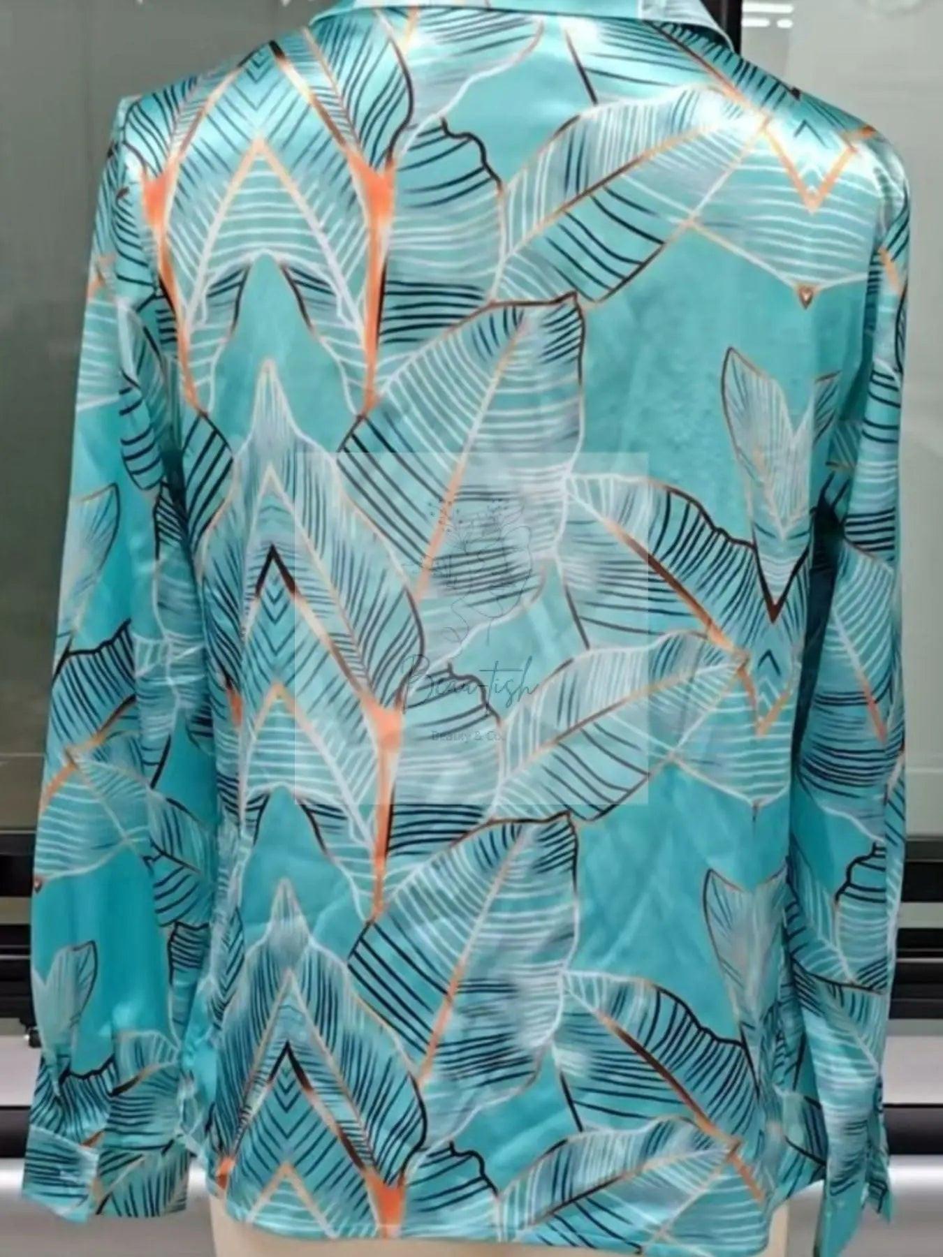 Full Size Satin Leaf Print Button Up Shirt Plus Size