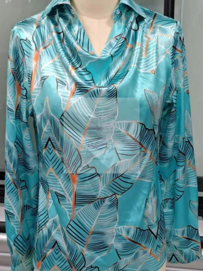 Full Size Satin Leaf Print Button Up Shirt Plus Size