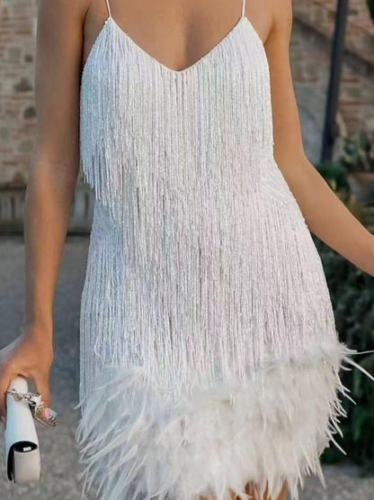Full Size Sequin Fringe V-Neck Mini Dress Plus Size
