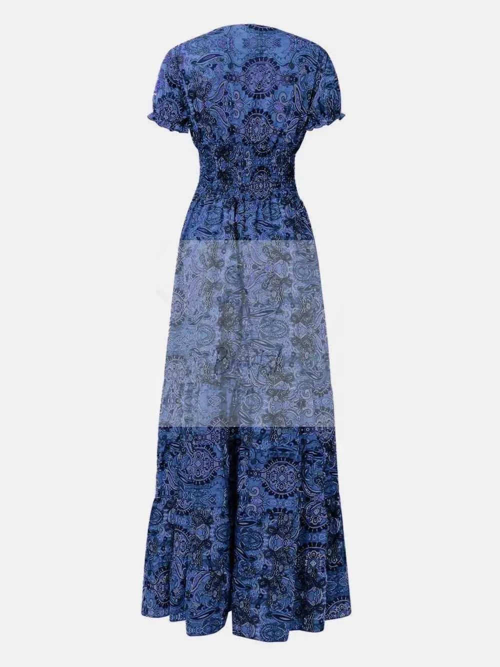 Full Size Smocked Printed V - Neck Short Sleeve Dress