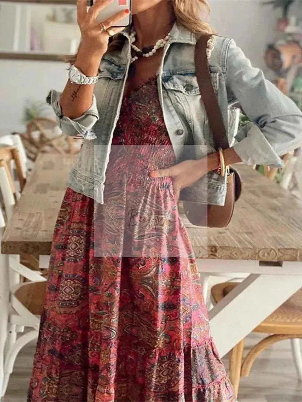 Full Size Smocked Printed V - Neck Short Sleeve Dress
