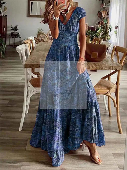 Full Size Smocked Printed V - Neck Short Sleeve Dress