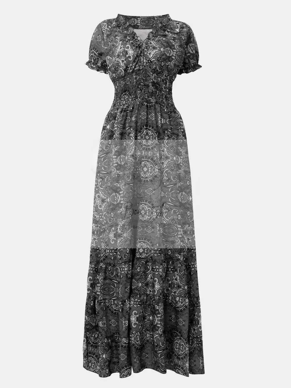 Full Size Smocked Printed V - Neck Short Sleeve Dress