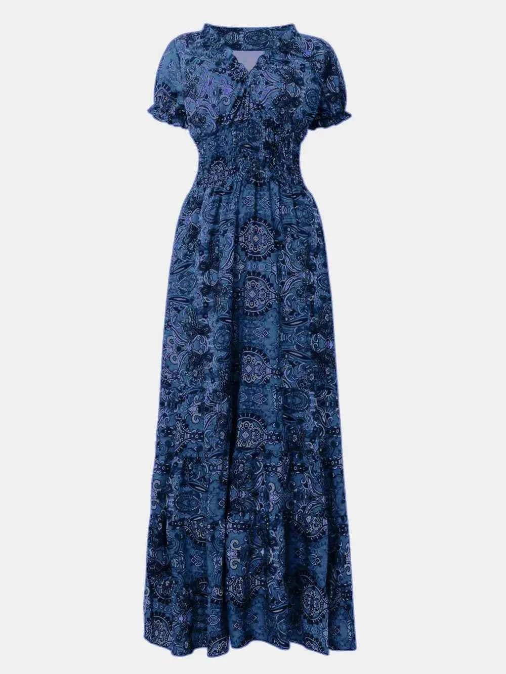 Full Size Smocked Printed V - Neck Short Sleeve Dress