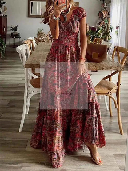 Full Size Smocked Printed V - Neck Short Sleeve Dress