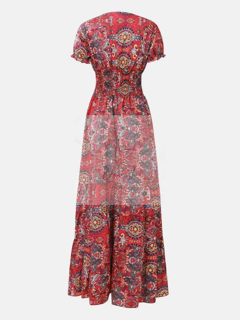 Full Size Smocked Printed V - Neck Short Sleeve Dress