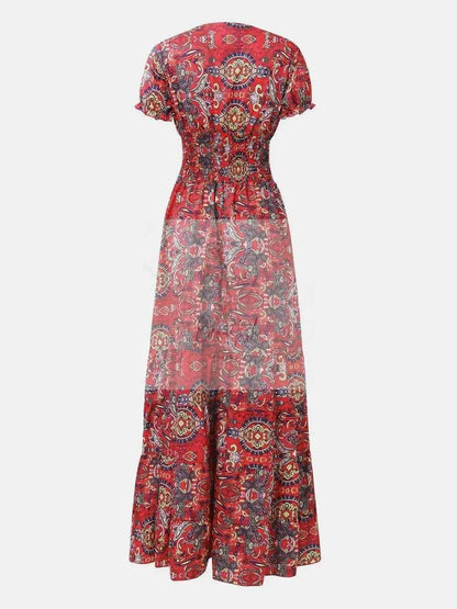 Full Size Smocked Printed V - Neck Short Sleeve Dress