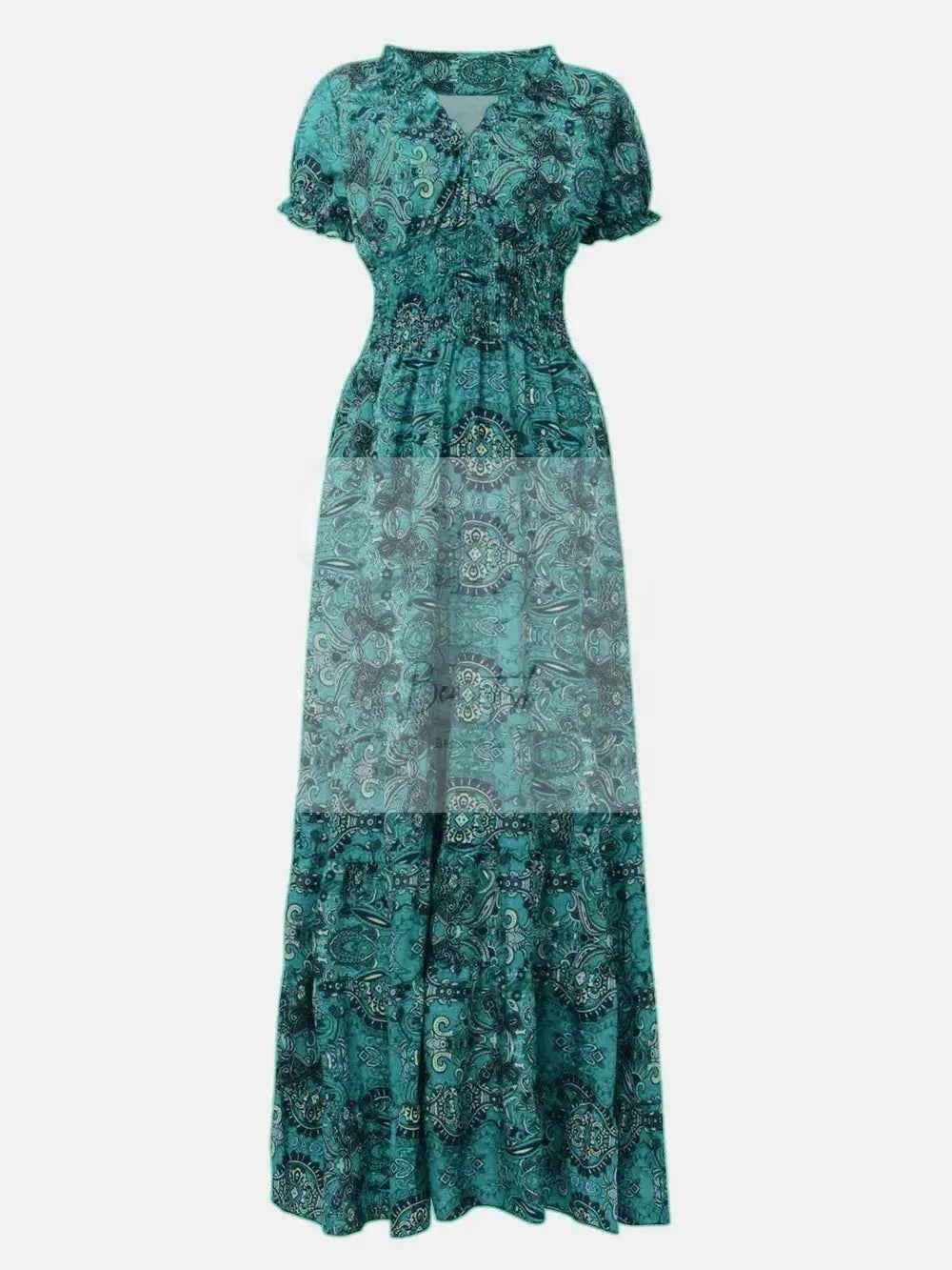 Full Size Smocked Printed V - Neck Short Sleeve Dress