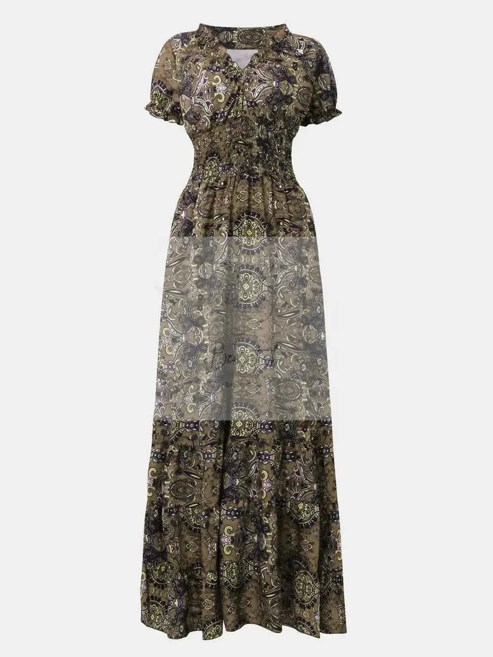 Full Size Smocked Printed V - Neck Short Sleeve Dress