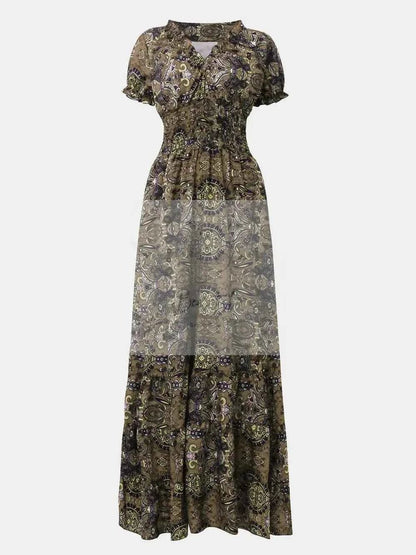 Full Size Smocked Printed V - Neck Short Sleeve Dress