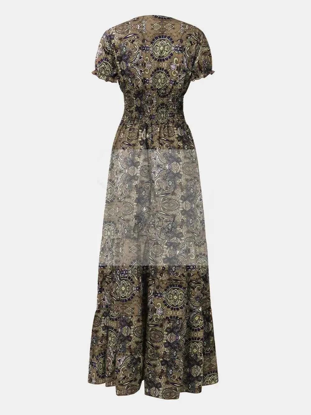 Full Size Smocked Printed V - Neck Short Sleeve Dress