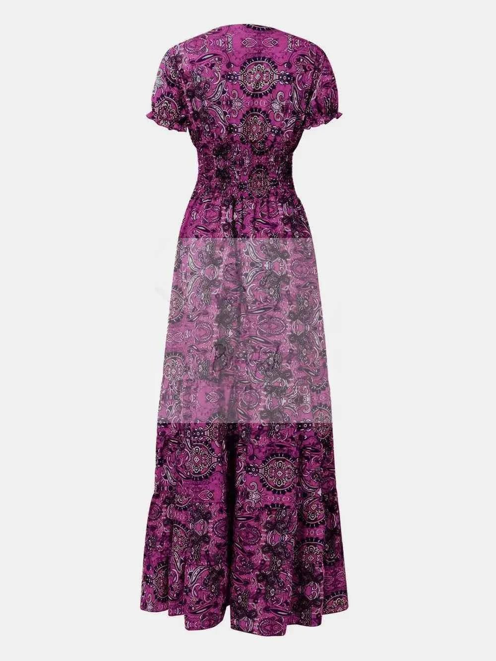 Full Size Smocked Printed V - Neck Short Sleeve Dress