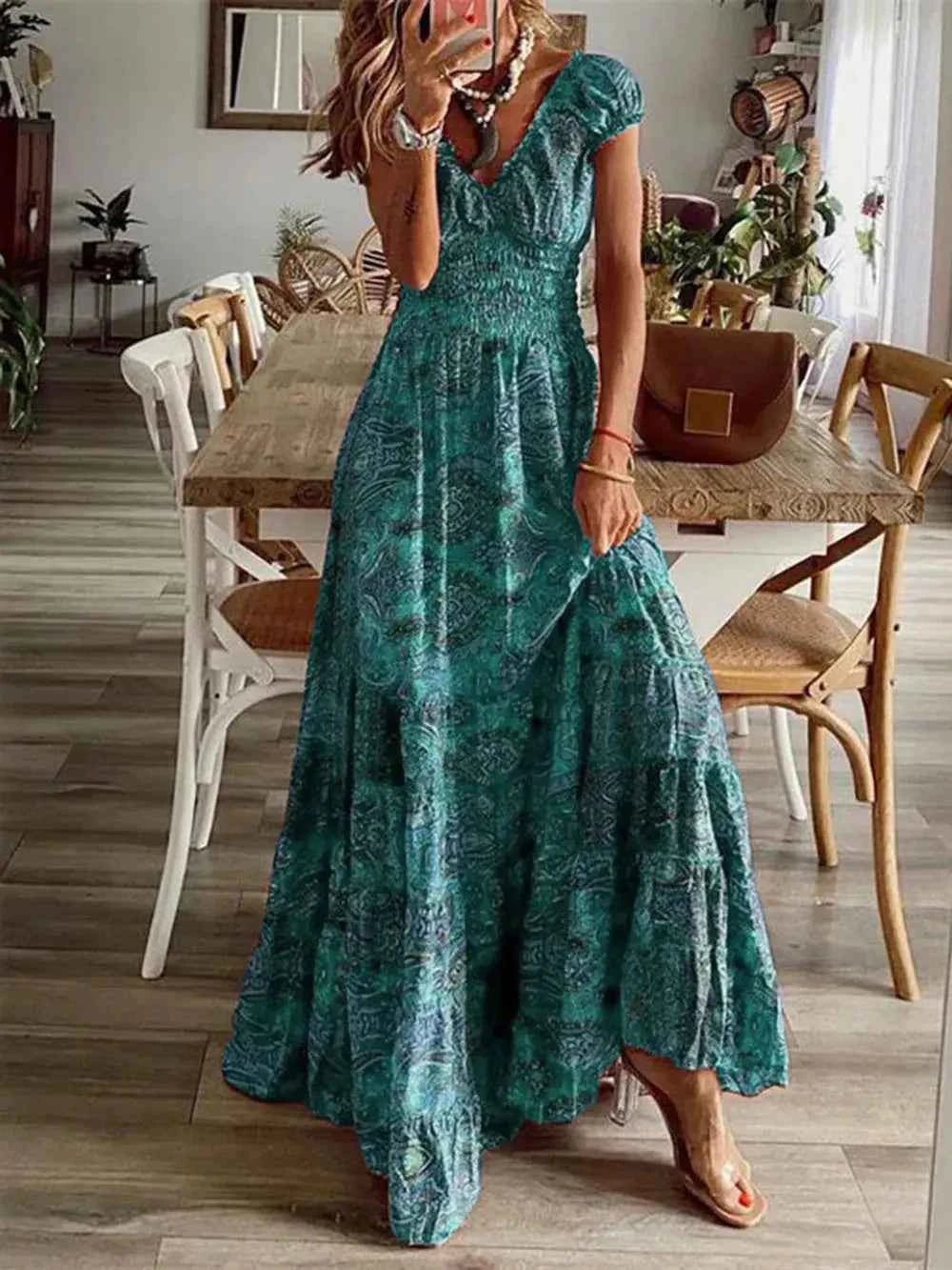 Full Size Smocked Printed V - Neck Short Sleeve Dress