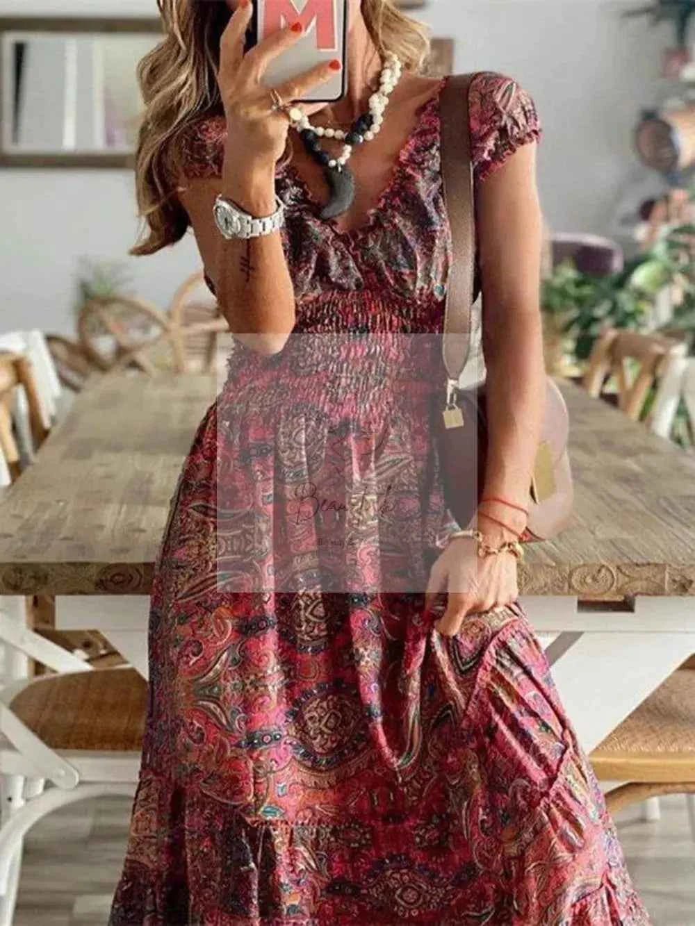 Full Size Smocked Printed V - Neck Short Sleeve Dress