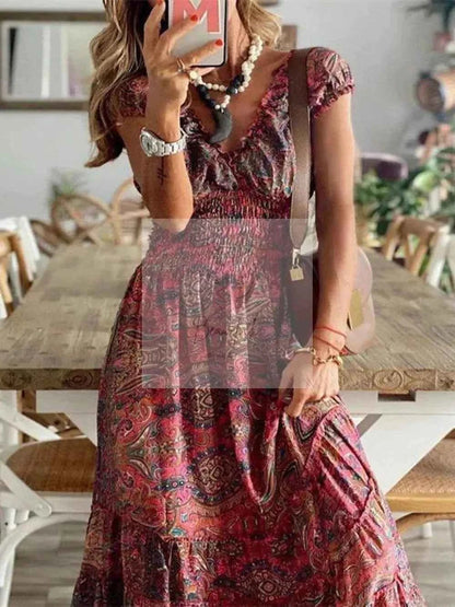 Full Size Smocked Printed V - Neck Short Sleeve Dress