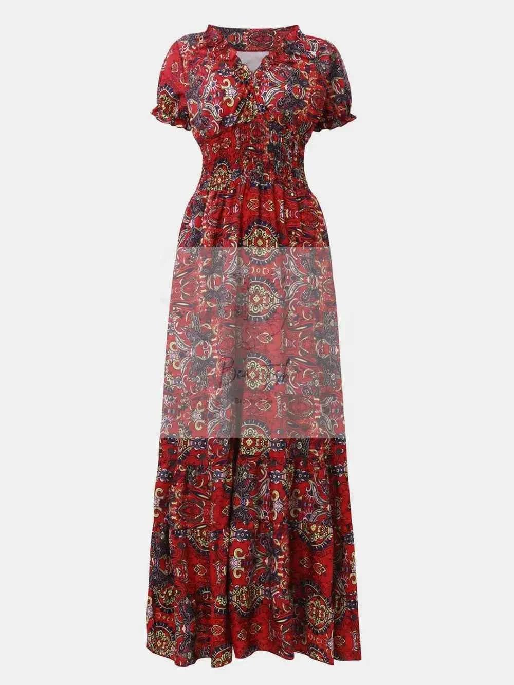 Full Size Smocked Printed V - Neck Short Sleeve Dress