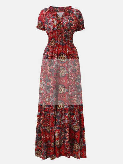 Full Size Smocked Printed V - Neck Short Sleeve Dress