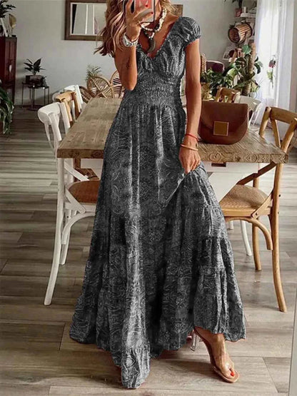 Full Size Smocked Printed V - Neck Short Sleeve Dress