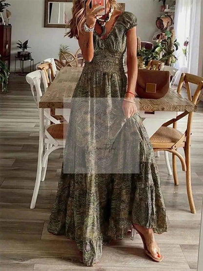 Full Size Smocked Printed V - Neck Short Sleeve Dress