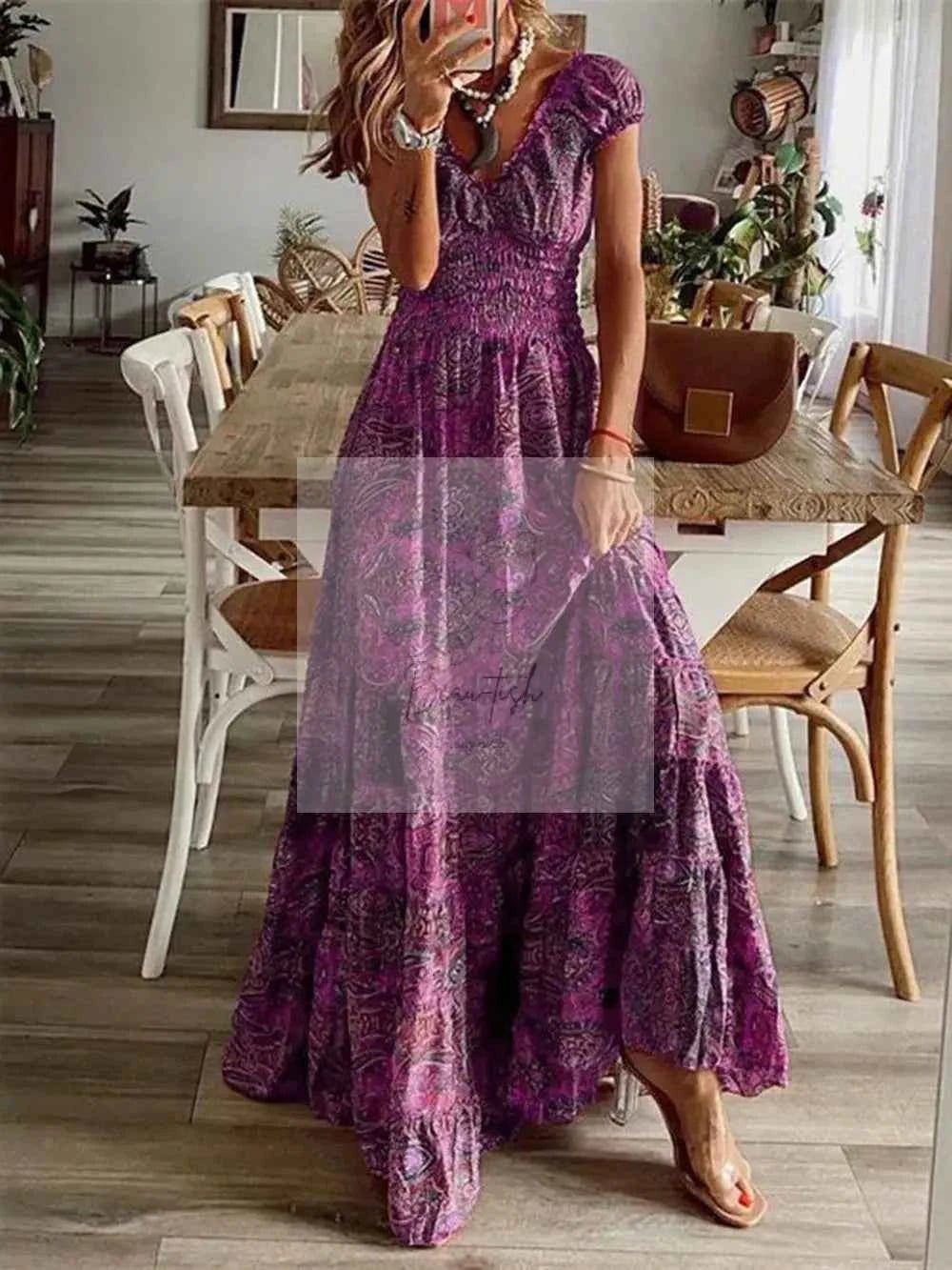 Full Size Smocked Printed V - Neck Short Sleeve Dress