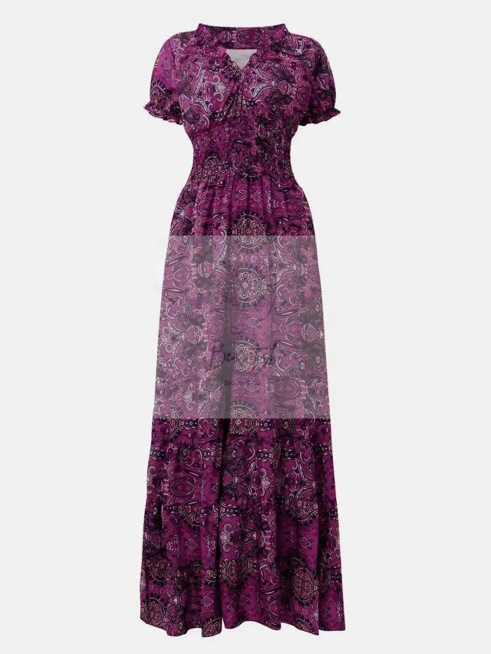 Full Size Smocked Printed V - Neck Short Sleeve Dress