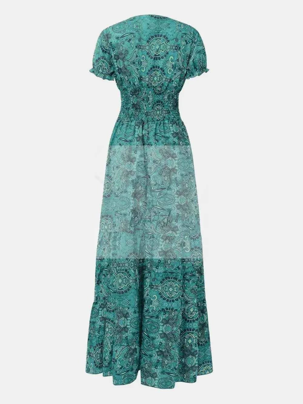 Full Size Smocked Printed V - Neck Short Sleeve Dress