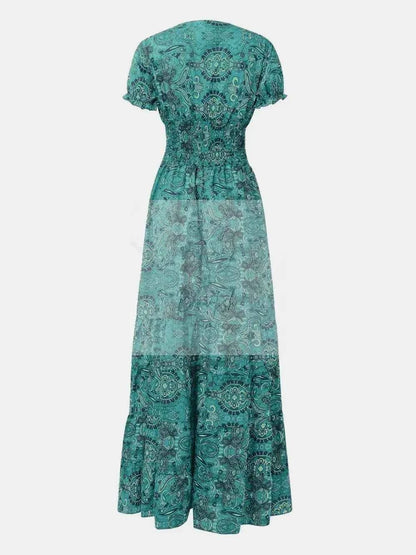 Full Size Smocked Printed V - Neck Short Sleeve Dress