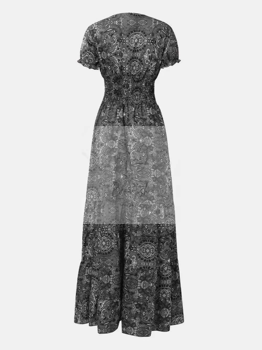 Full Size Smocked Printed V - Neck Short Sleeve Dress