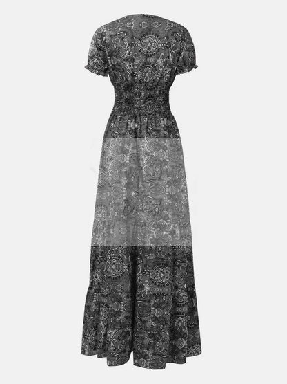 Full Size Smocked Printed V - Neck Short Sleeve Dress