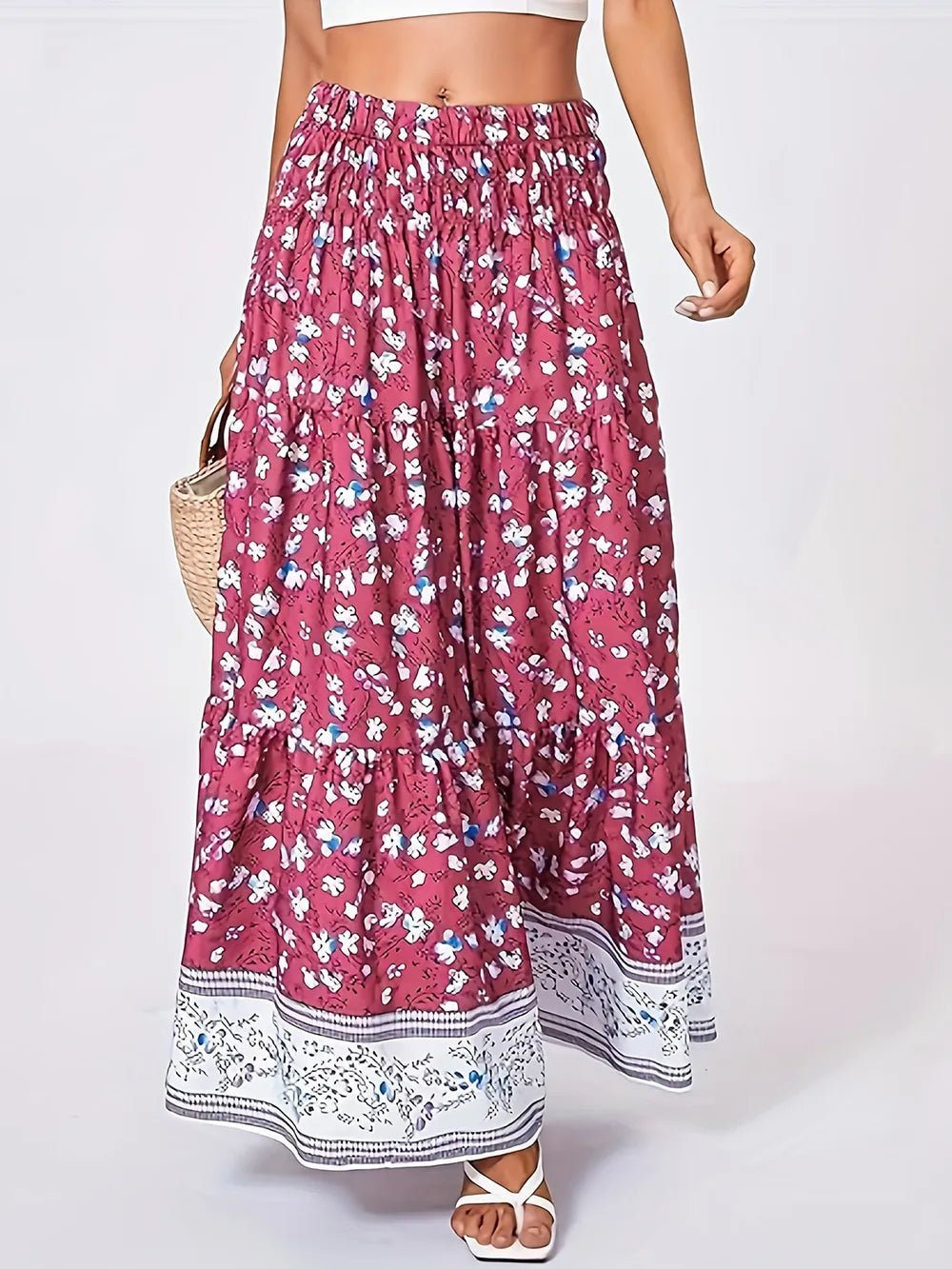 Full Size Tiered Printed Elastic Waist Skirt