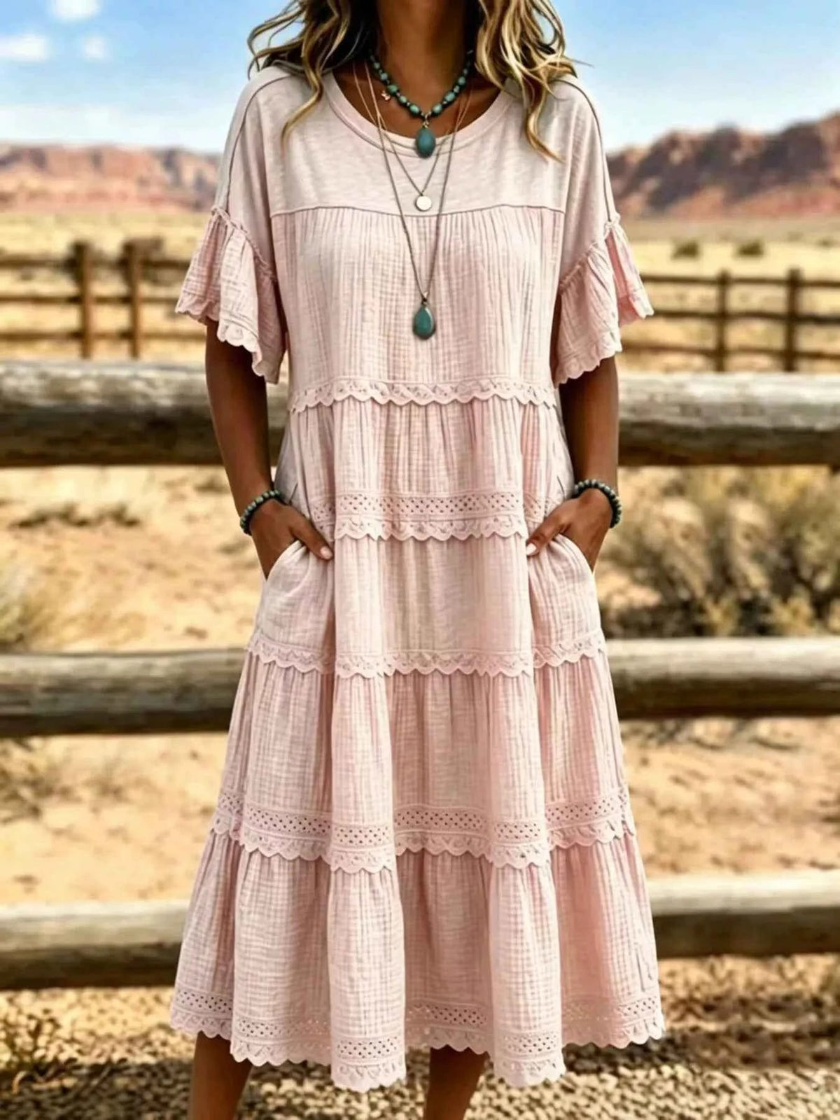 Full Size Tiered Ruffle Sleeve Midi Dress with Pockets Plus Size