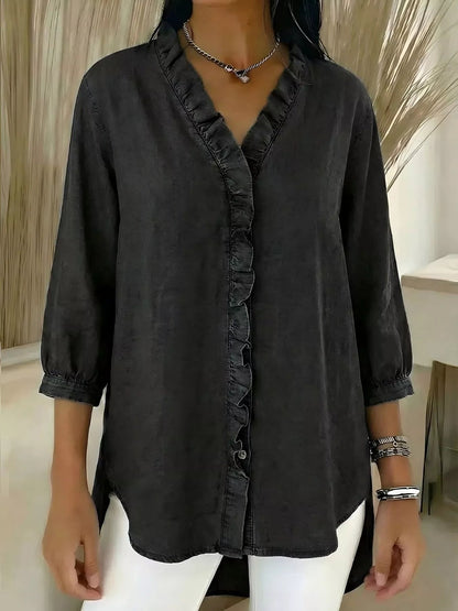 Full Size V-Neck Ruffled Button Down Shirt Plus Size
