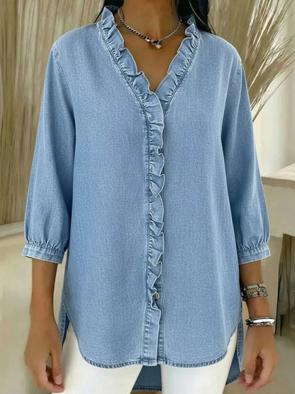 Full Size V-Neck Ruffled Button Down Shirt Plus Size