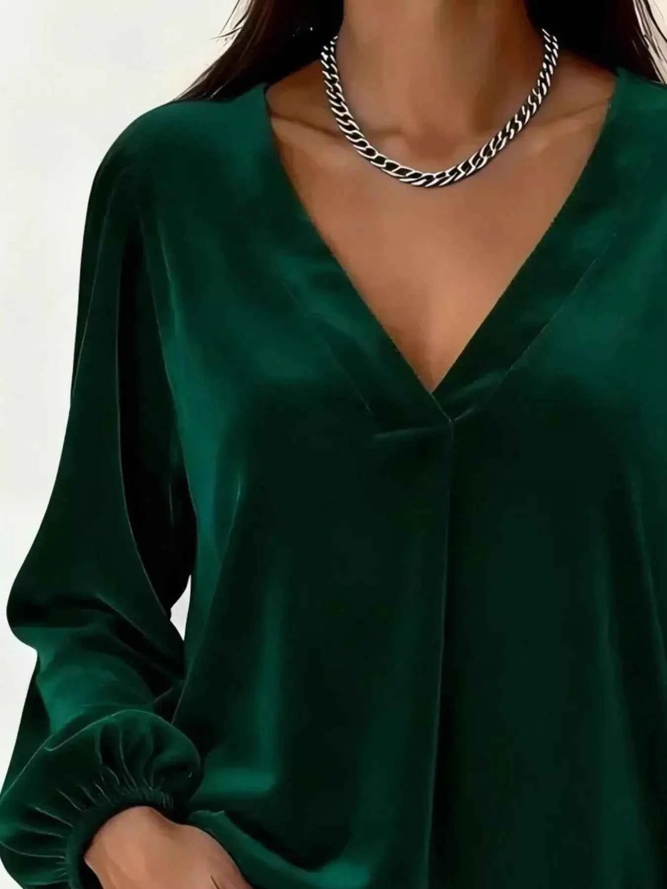 Full Size Velvet V - Neck Balloon Sleeve Blouse Plus Size