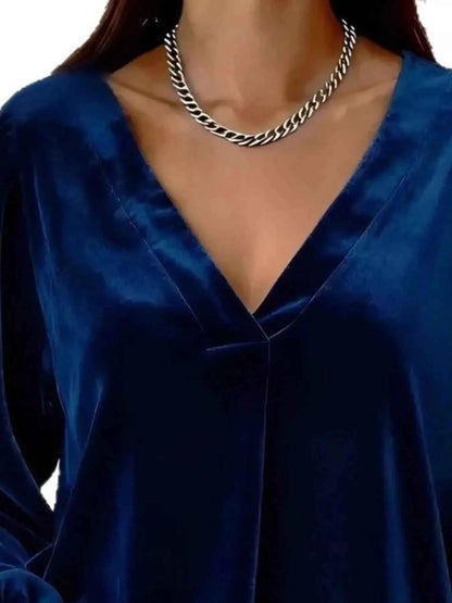 Full Size Velvet V - Neck Balloon Sleeve Blouse Plus Size