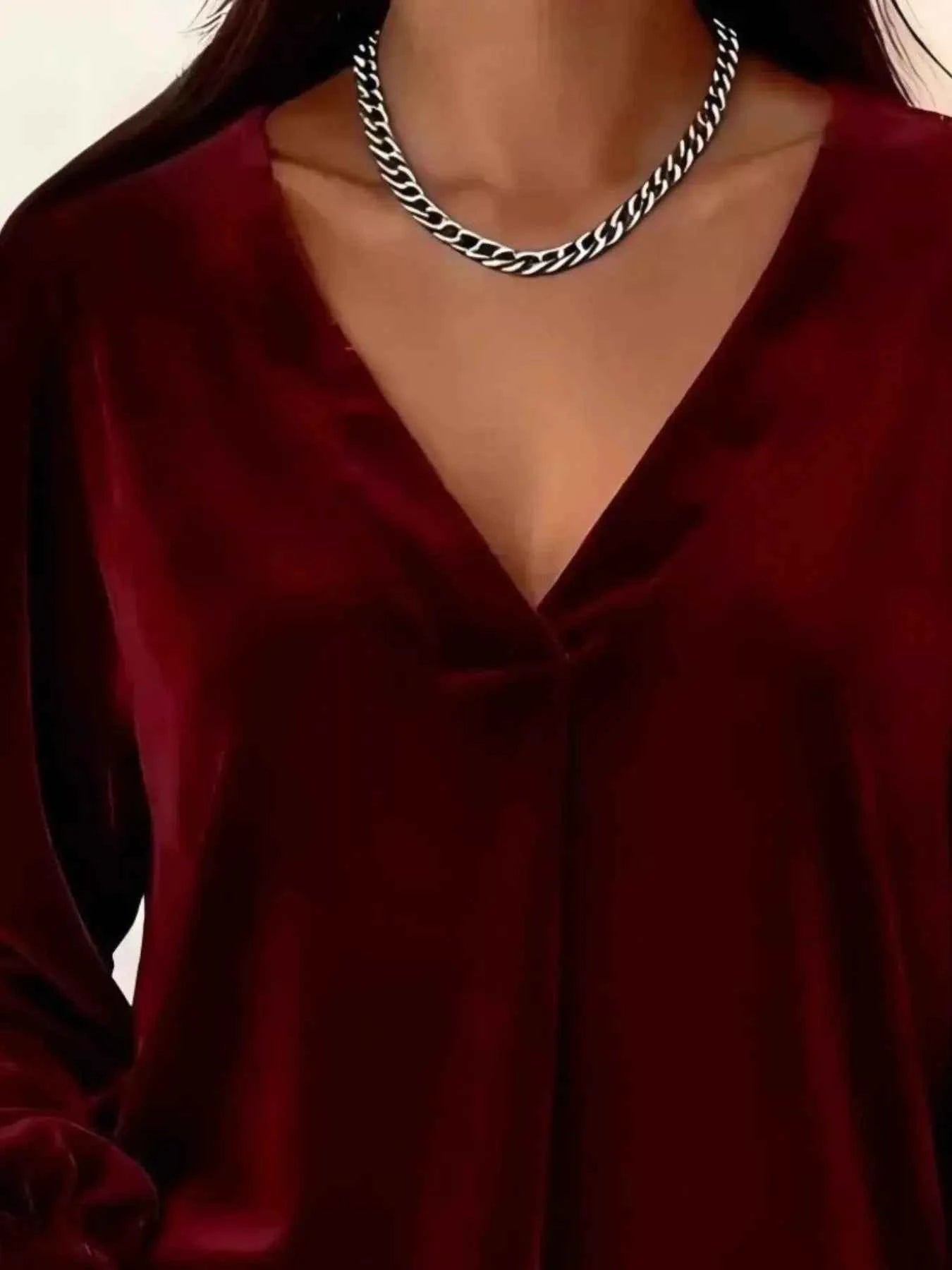 Full Size Velvet V - Neck Balloon Sleeve Blouse Plus Size