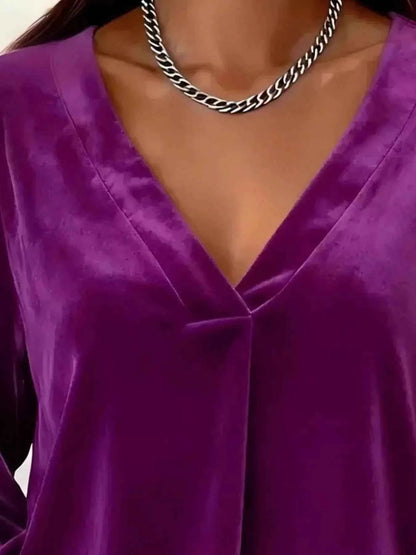 Full Size Velvet V - Neck Balloon Sleeve Blouse Plus Size